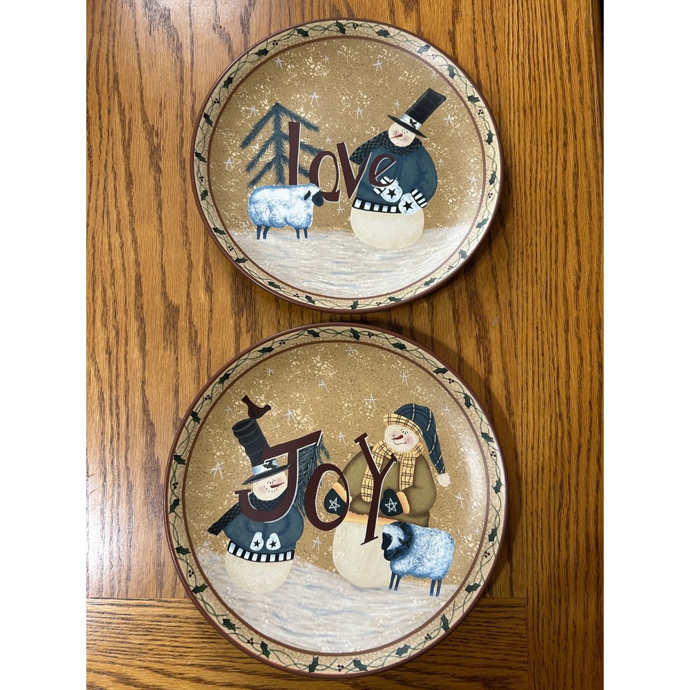 Set of 2 Holiday Snowman JOY LOVE Sheep Plates Christmas Decorations‎